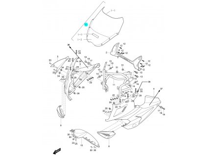 [1] Přední plexi kompletní / černé (FIG48) - Hyosung GT 250 R