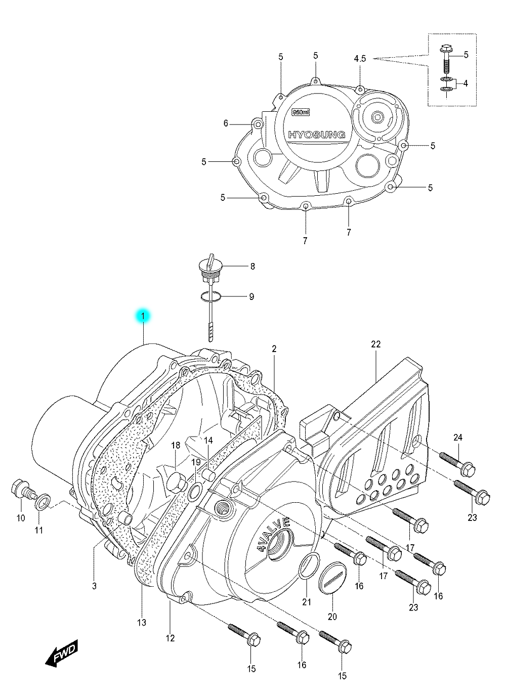 [1] Boční kryt motoru (motor - kryty skříně) - Hyosung RX 125