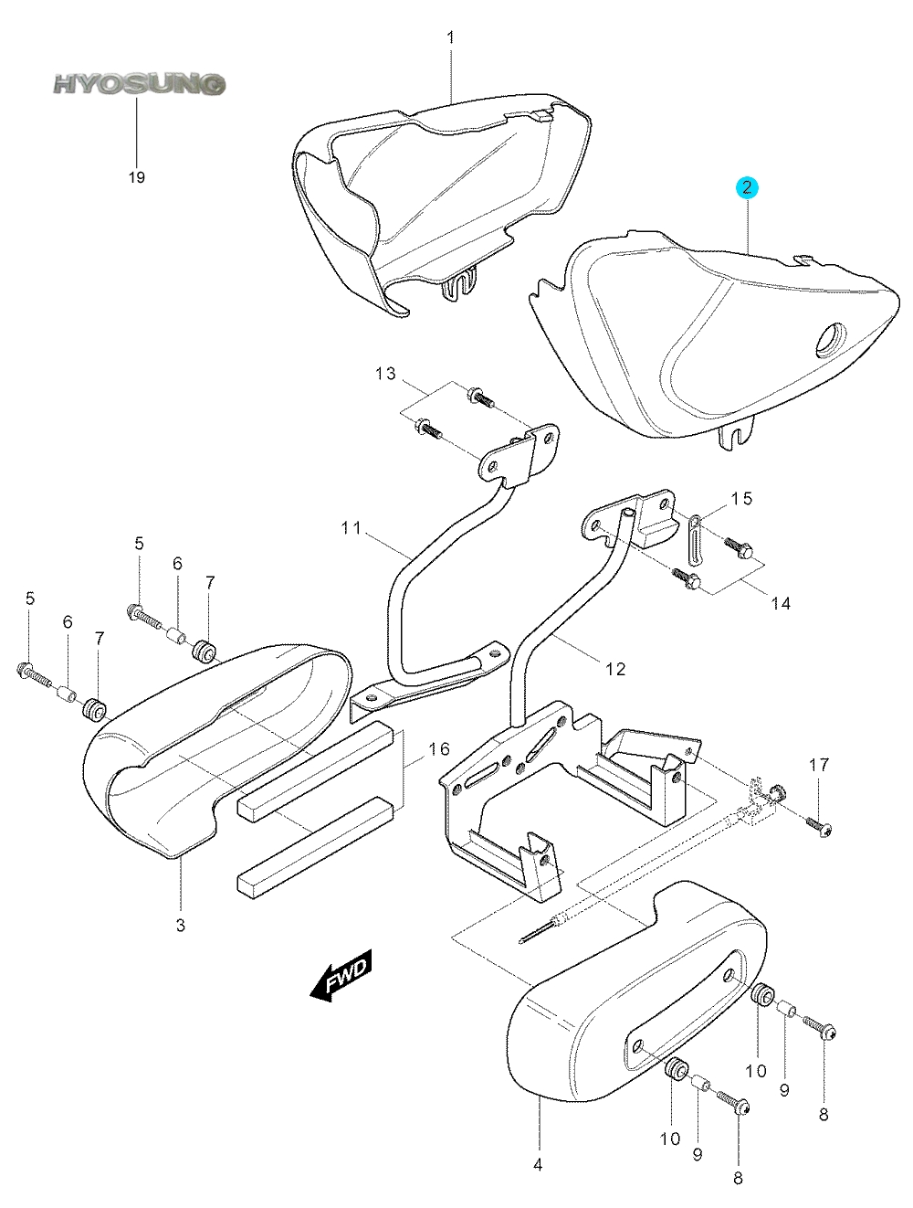 [2] Boční kryt levý / červená perleť / nová verze (FIG34) - Hyosung GV 250