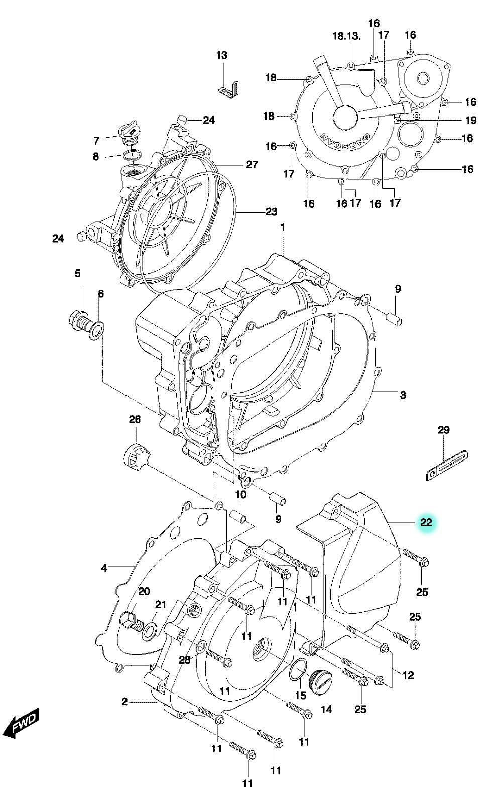 [22] Kryt ozubeného kola (motor - kryty skříně) - Hyosung GT 650 N