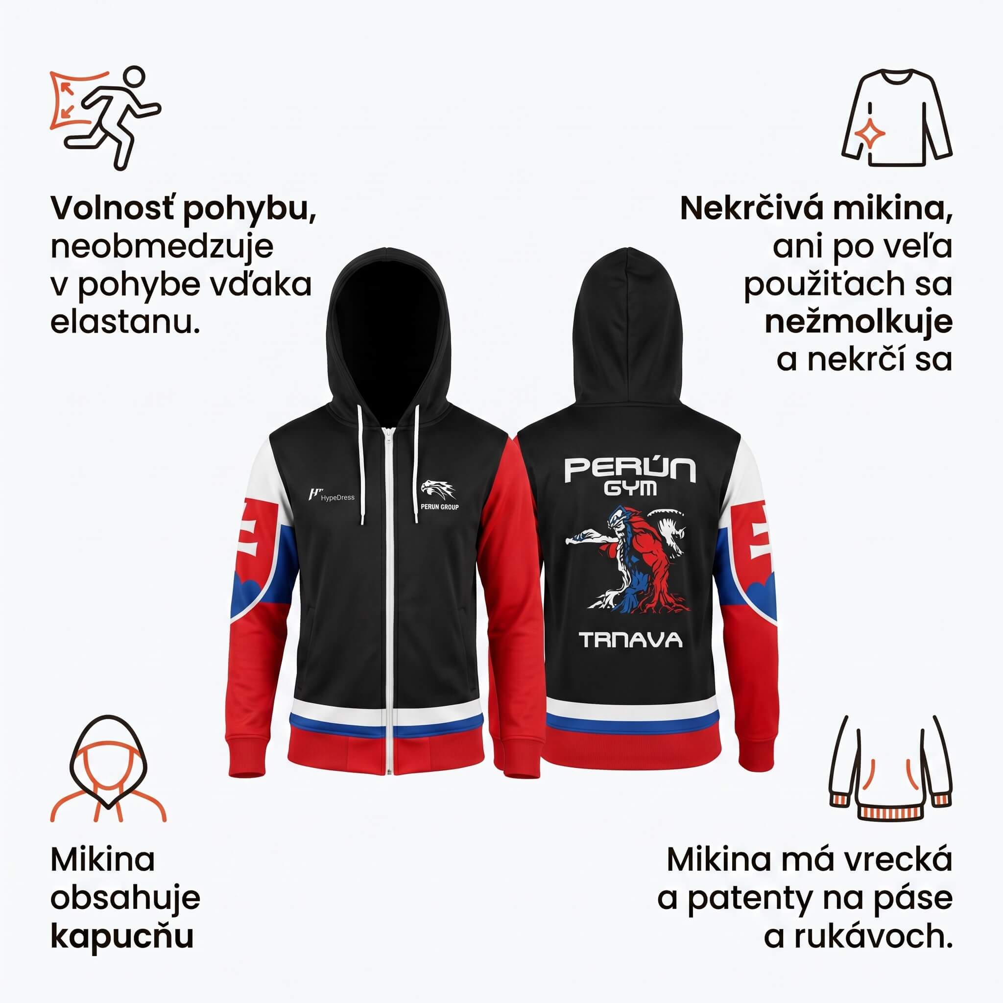 Prvky mikiny PERÚN GROUP – kapucňa, vrecká, patenty na páse a rukávoch