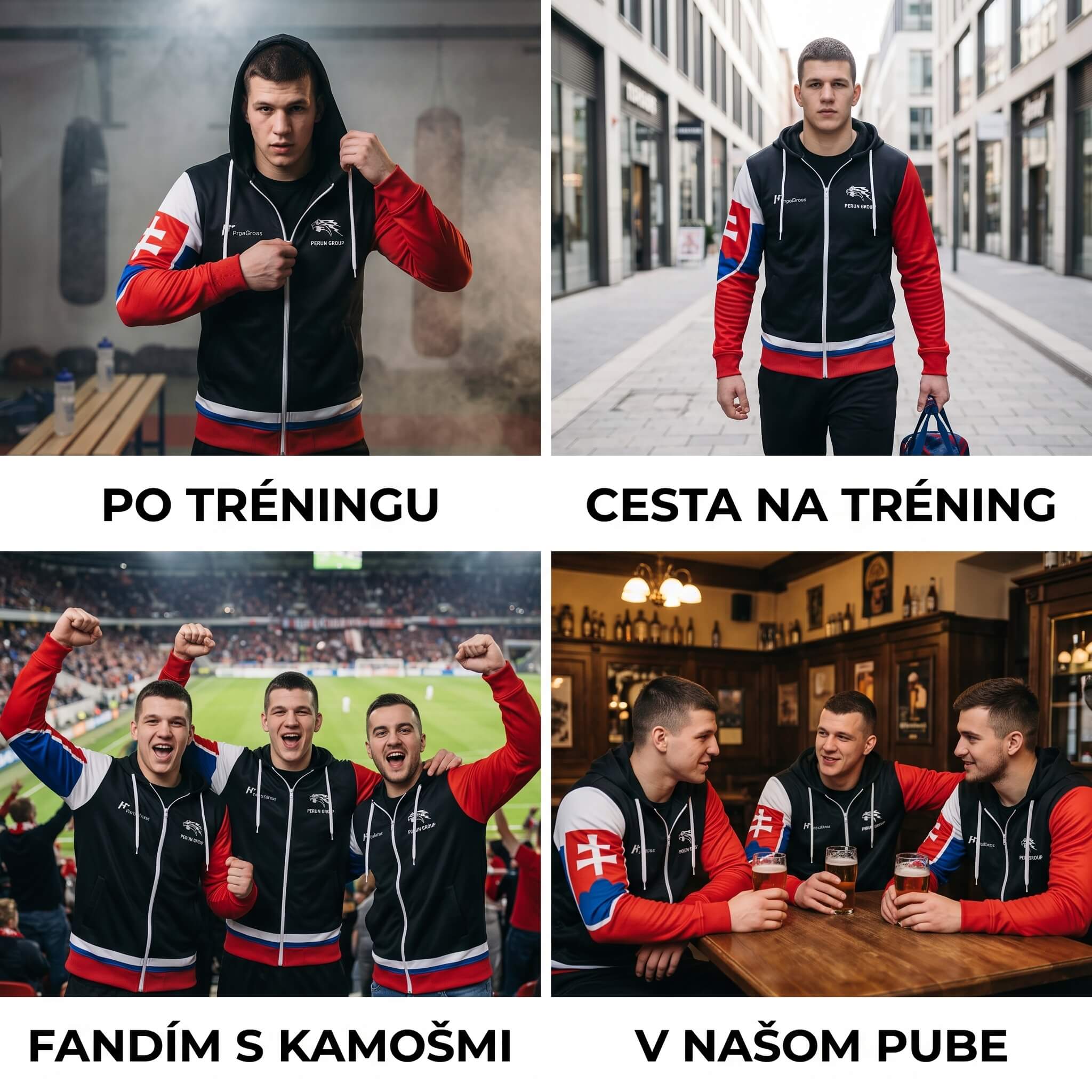 Mikina PERÚN GROUP v bežných situáciách – po tréningu, cestou na tréning, na štadióne, v pube