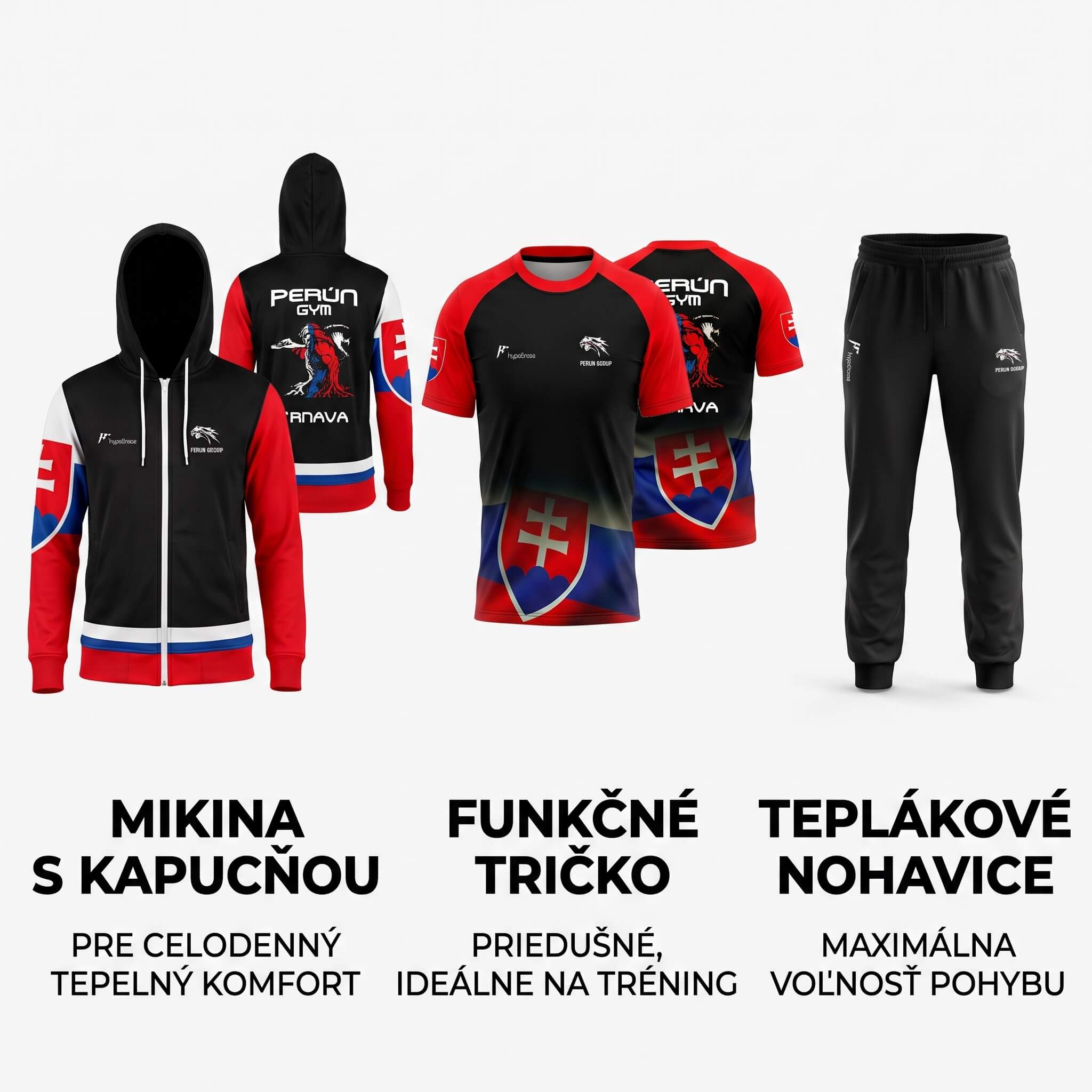 Kompletný set PERÚN GYM Trnava – mikina s kapucňou, funkčné tričko a teplákové nohavice