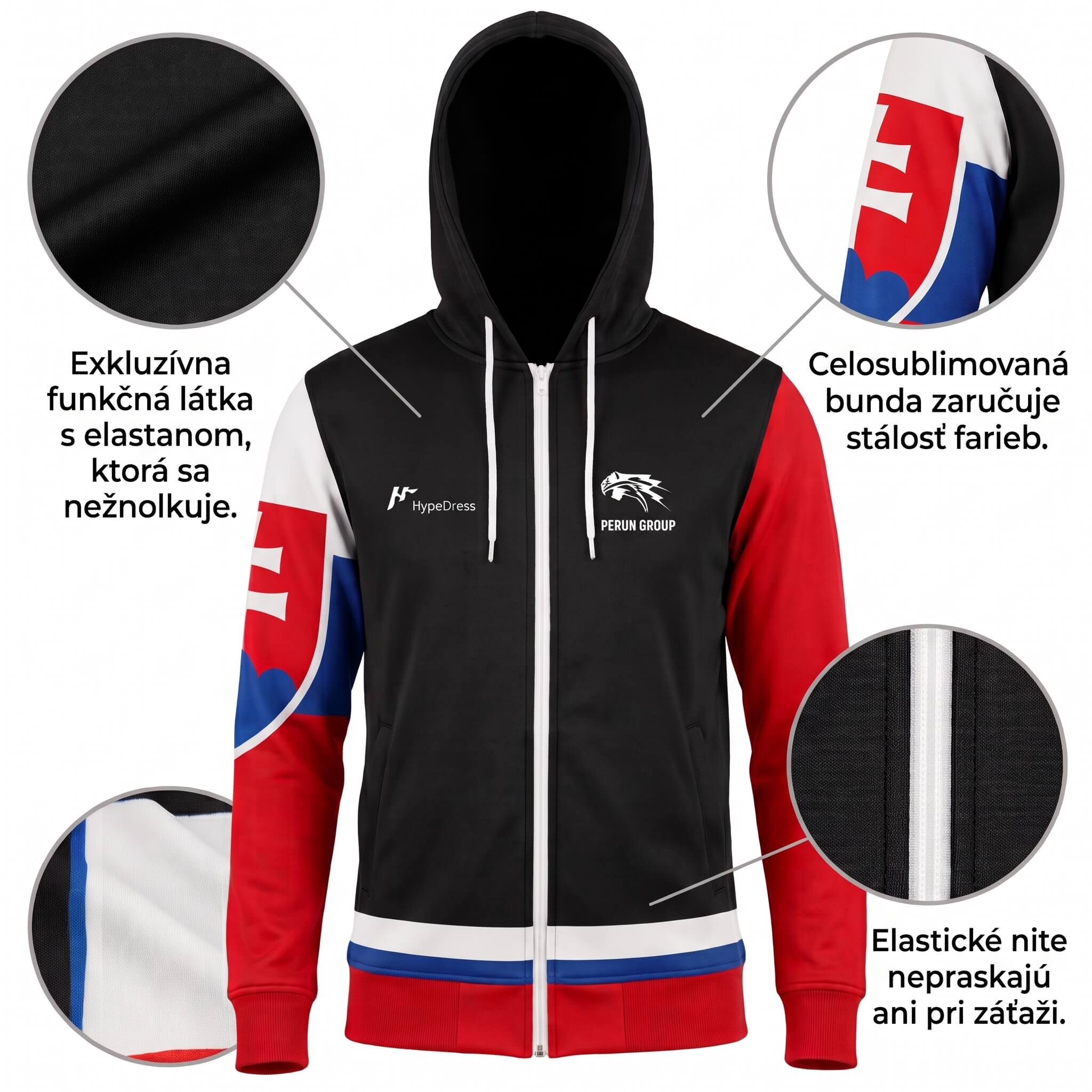 Detail látky, švov a zipsu mikiny PERÚN GROUP