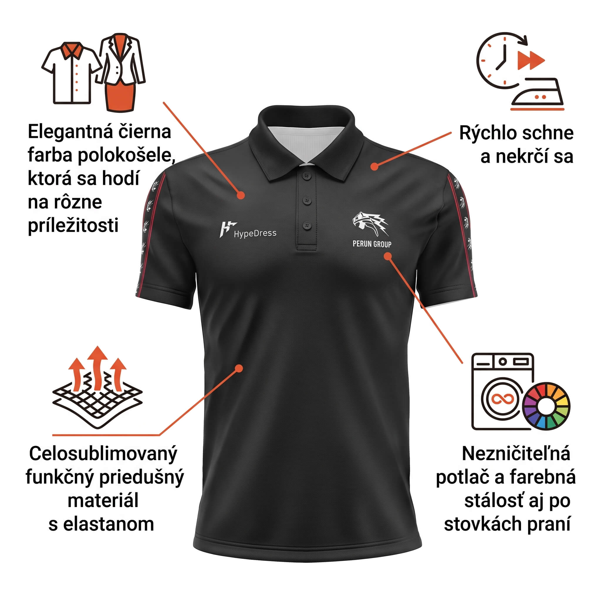 Vlastnosti polokošele PERÚN GROUP — elegantná čierna, priedušný materiál s elastanom, rýchlo schne, nezničiteľná potlač