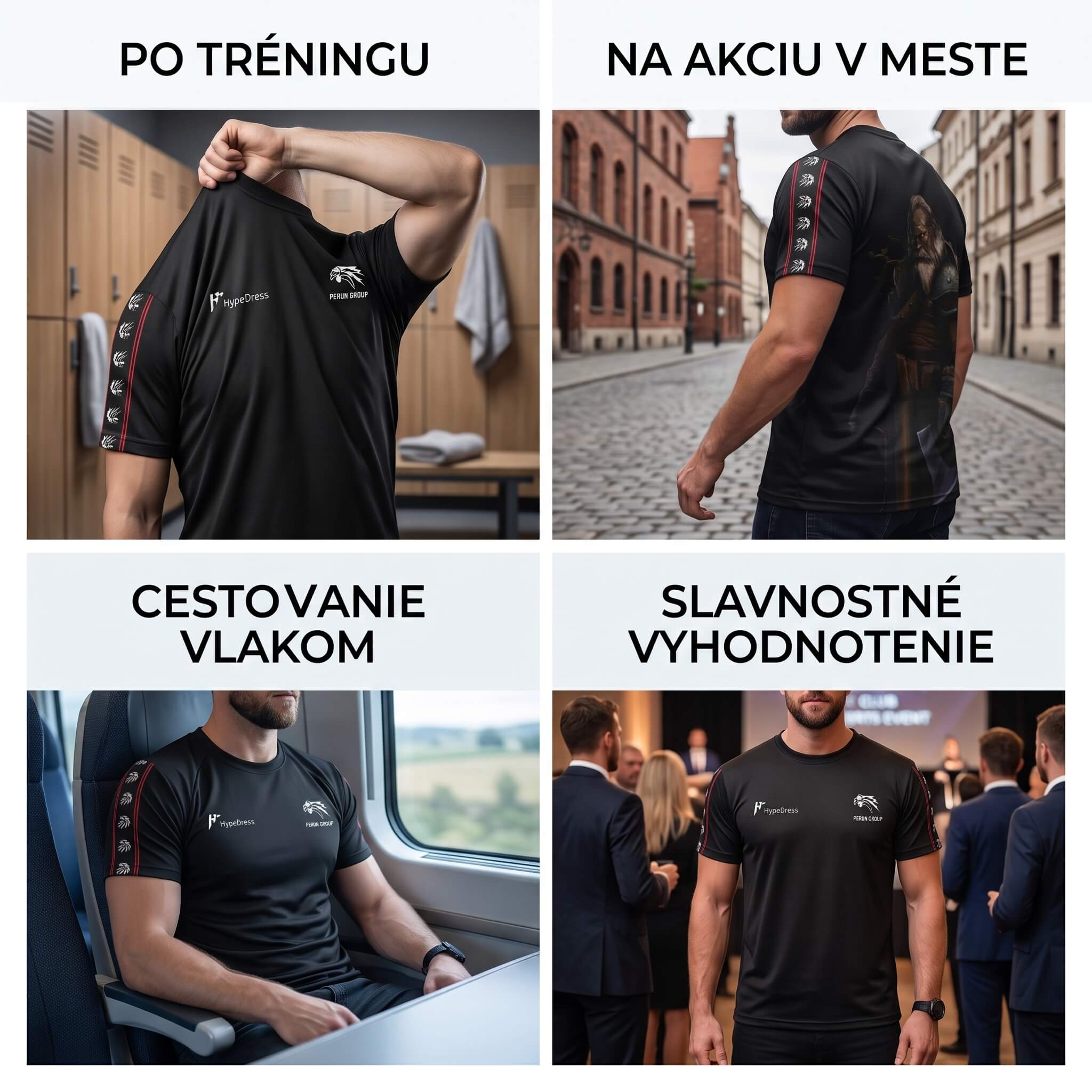 Využitie trička PERÚN GROUP — po tréningu, na akciu v meste, na cesty vlakom, na slávnostné vyhodnotenie