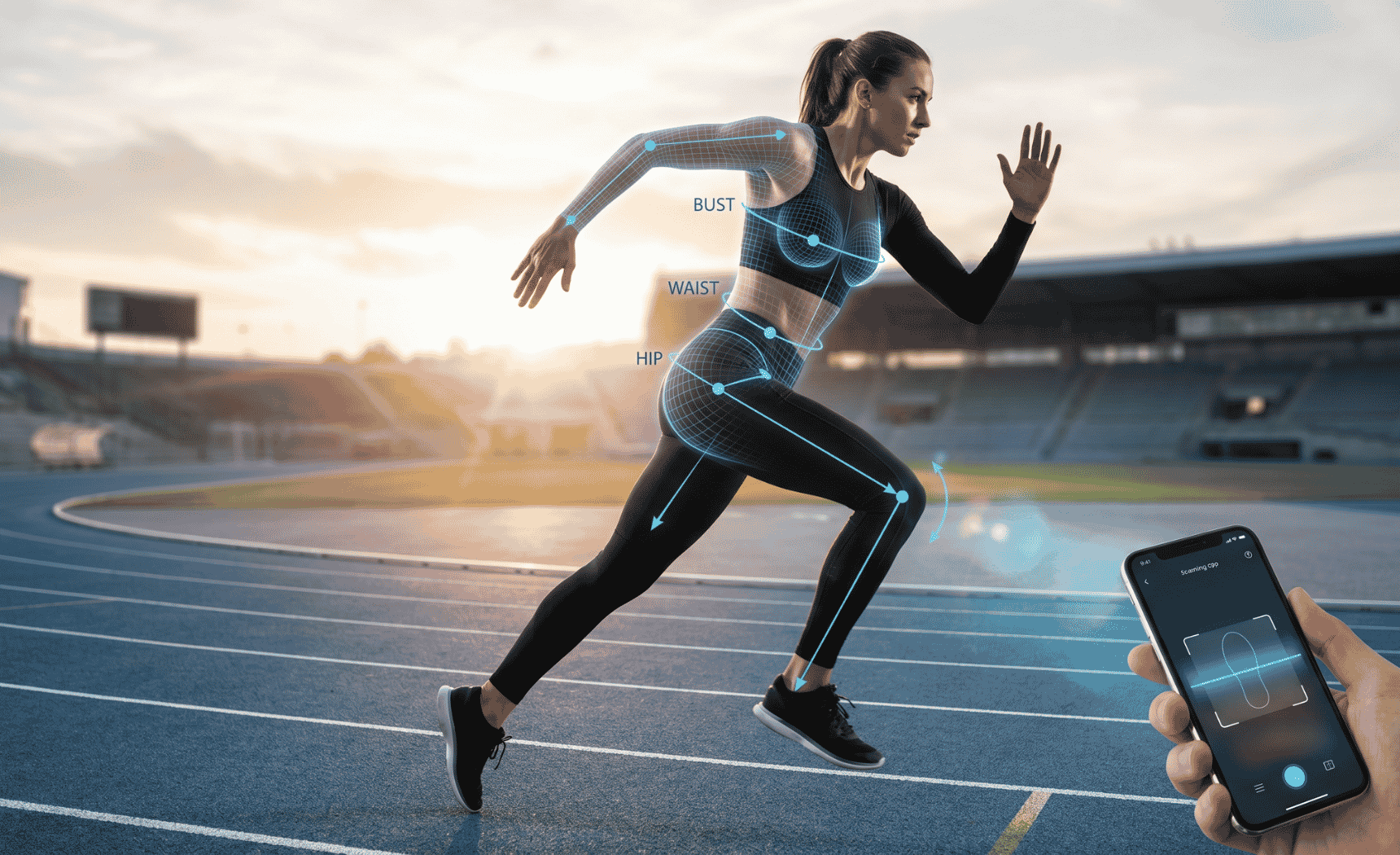 Atlétka s digitálnymi meracími bodmi a smartfónom - FitScan technológia HypeDress