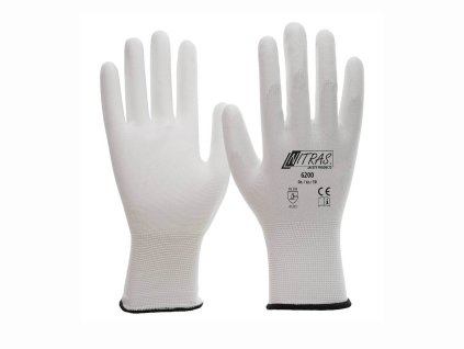 weiße Nylonhandschuhe mit PU-Beschichtung – white nylon gloves with PU coating