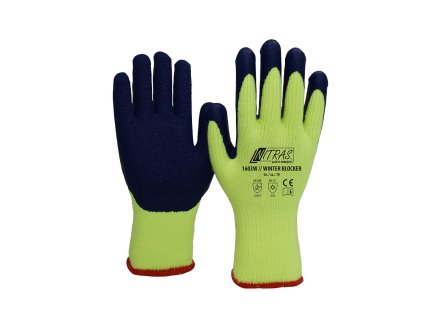 Winter Blocker Strickhandschuhe mit blauer Latexbeschichtung – Nahaufnahme Innenhand / Winter Blocker knitted gloves with blue latex coating – palm close-up