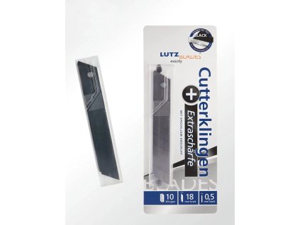 Ersatzklingen Lutz Schwarz 18 mm im Spender, Segmentlinien sichtbar Lutz Schwarz replacement blades 18 mm in dispenser, segment lines visible