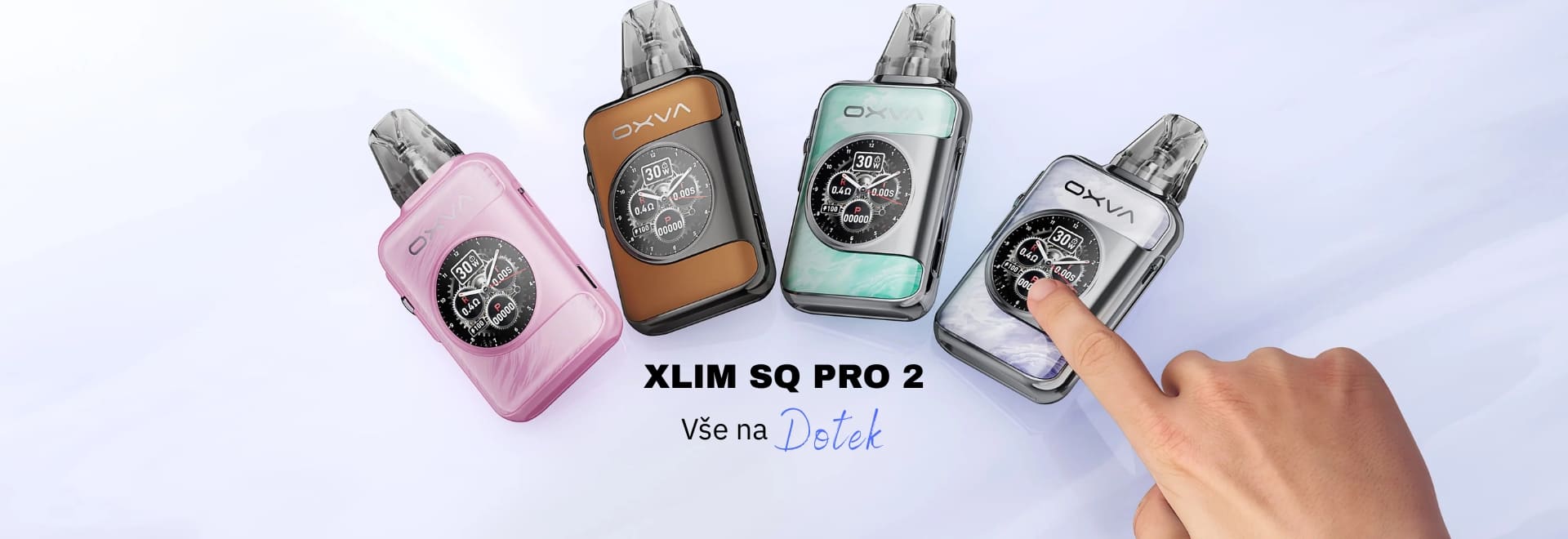 Stylové elektronické cigarety OXVA XLIM SQ Pro 2 s dotykovým ovládáním v různých barvách – růžová, hnědá, zelená a stříbrná.