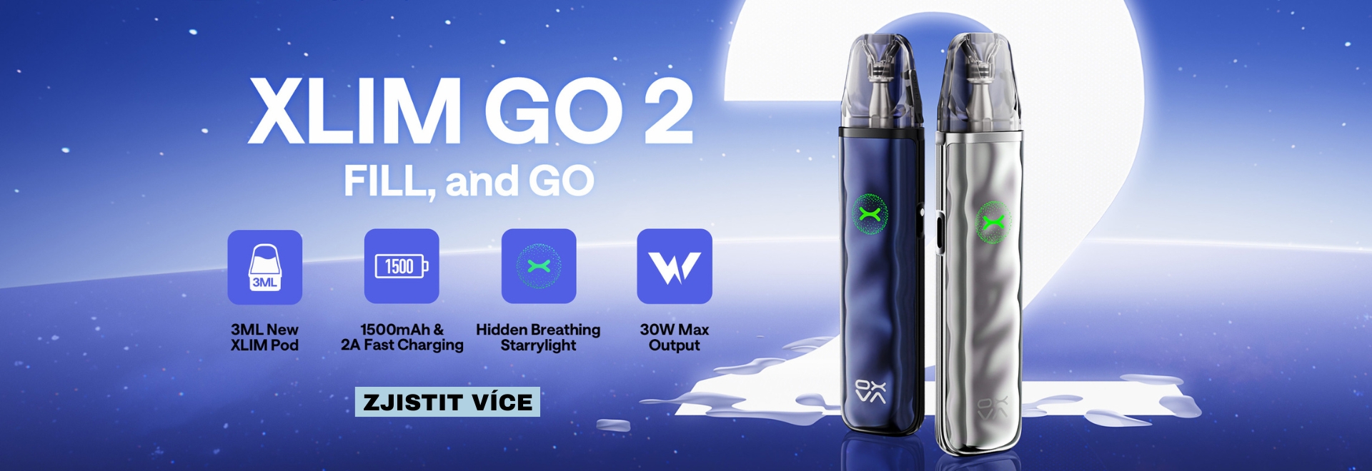 E-cigareta OXVA XLIM GO 2 Pod Kit v elegantním designu – nabízí 1500 mAh baterii, rychlé 2A nabíjení, výkon až 30 W a nové 3ml cartridge XLIM.
