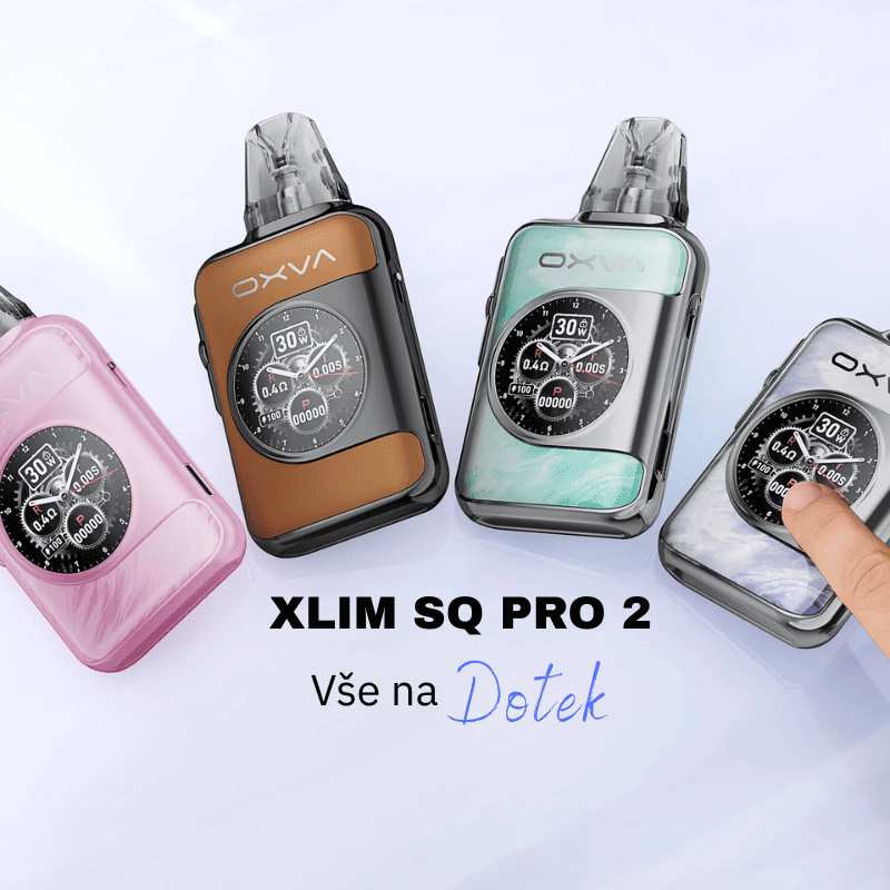 Stylové elektronické cigarety OXVA XLIM SQ Pro 2 s dotykovým ovládáním v různých barvách – růžová, hnědá, zelená a stříbrná.