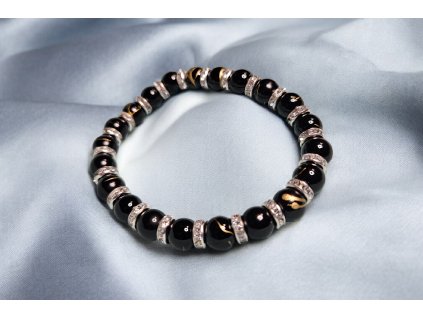 Náramek z černého achátu se stříbrnými rondelkami