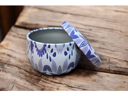 Dekorativní kovová krabička s víčkem – modro-bílý motiv