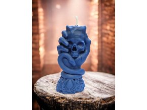 Dekorativní svíčka – Ruka, lebka a had (modrá edice)