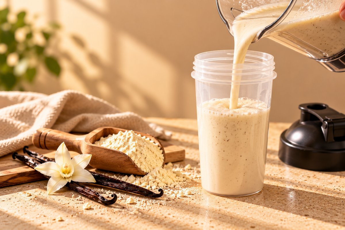 Vanilkový shake se nalévá do shakeru