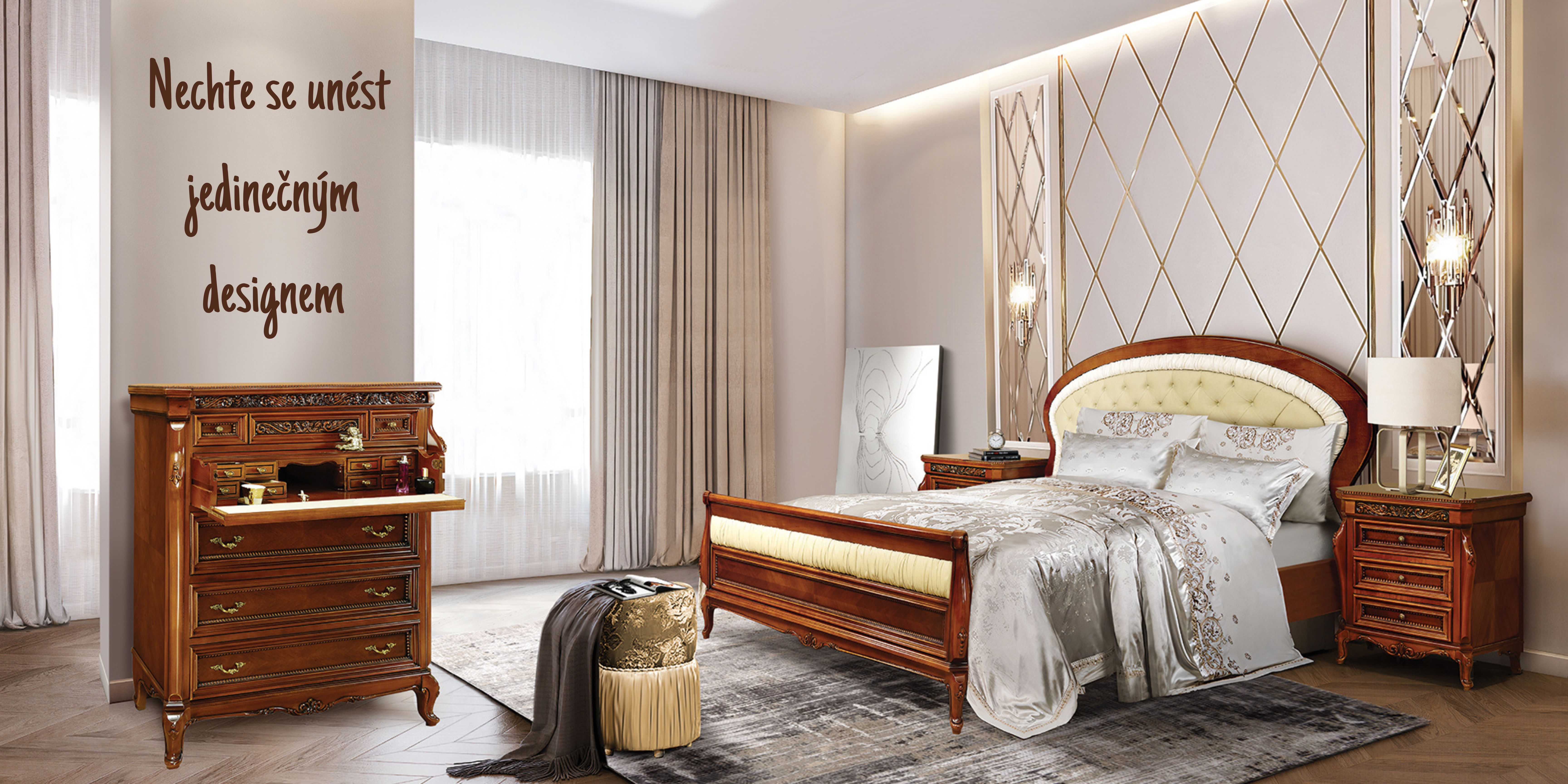 Elegantní ložnice Venezia – klasický nábytek v nadčasovém designu, který dodá vašemu interiéru luxus a sofistikovanost. Perfektní harmonie stylu a kvality pro váš dokonalý odpočinek