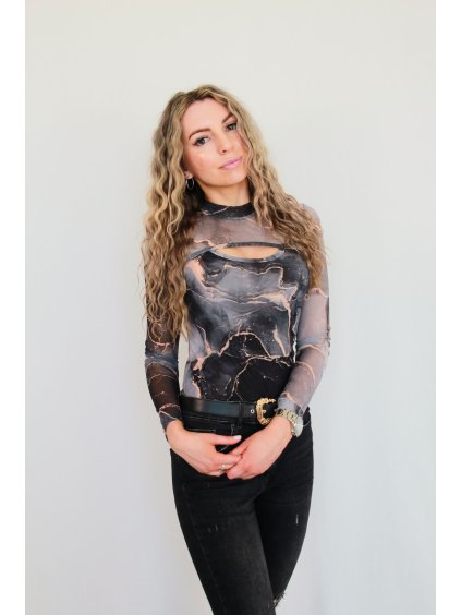 Dámské mramorové mesh body s průstřihem na hrudi – průsvitný design pro odvážné outfity | Selina
