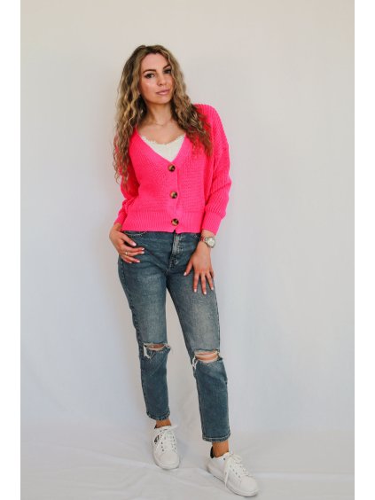 Dámský růžový cropped cardigan s velkými knoflíky a žebrovaným úpletem – pohodlí a styl v jednom | Mirella