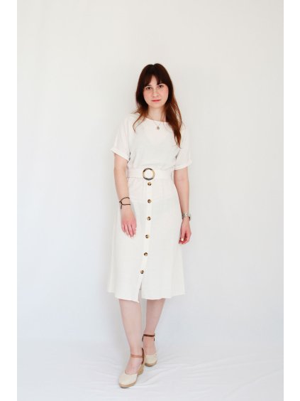Krémové lněné midi šaty s páskem a knoflíky | Arabelle