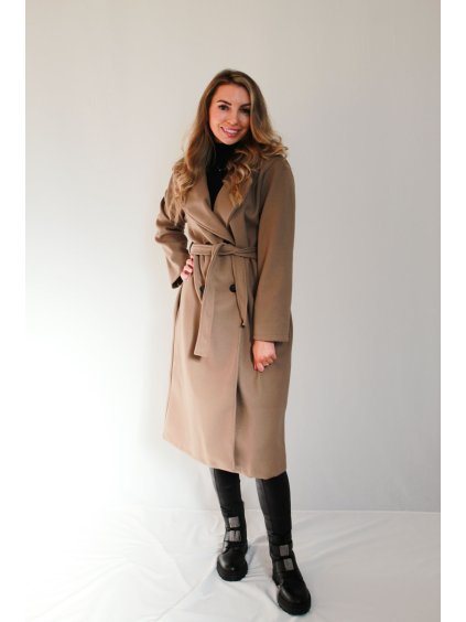 Dlouhý zavinovací kabát s páskem v barvě taupe | Lior