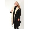 Černý prošívaný dlouhý kabát s teddy límcem a páskem | Adeline