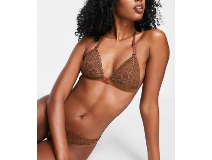 Trojuholníková braletka Scandale Éco-lingerie s galónovou čipkou a čipkovaným chrbtom hnedá (Veľkosť S)