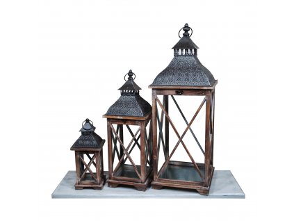 Dřevěná lucerna Orient hnědá - sada 3ks luceren 86cm, 63cm a 38cm