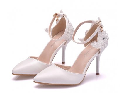 Dámské bílé lodičky s květem a řemínkem