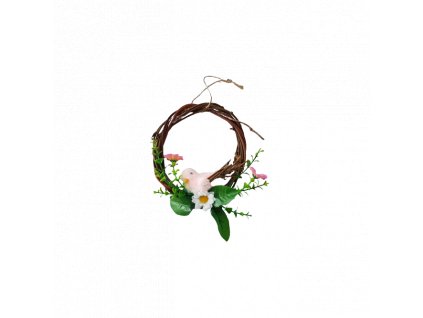 Dekorační věnec s růžovým ptáčkem na zavěšení