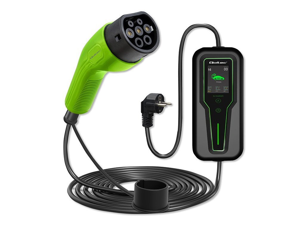 Qoltec Mobile EV Car Charger Adjustable 2in1 Type2 | 3.5kW | 230V | LCD | Portable | Wallbox | 5m