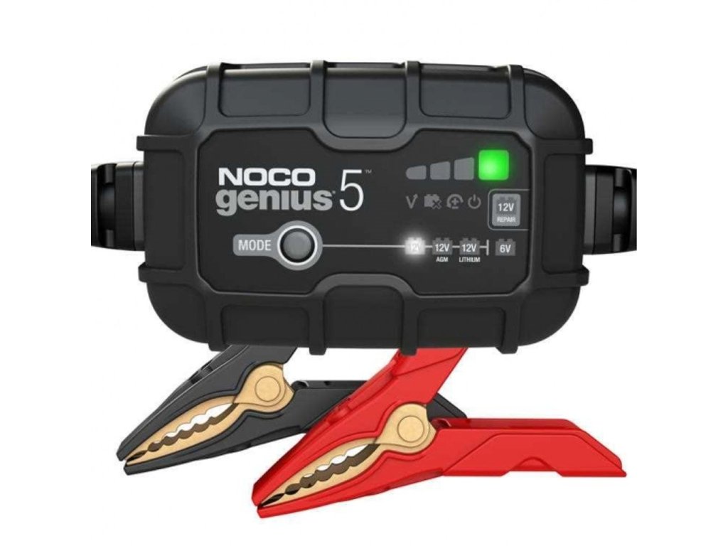 GENIUS5EU charger, charging voltage: 6/12 V NOCO, charging current: 5A, supply voltage: 120/240V, battery type: AGM/EFB/GEL/Li-Ion/MF/WET