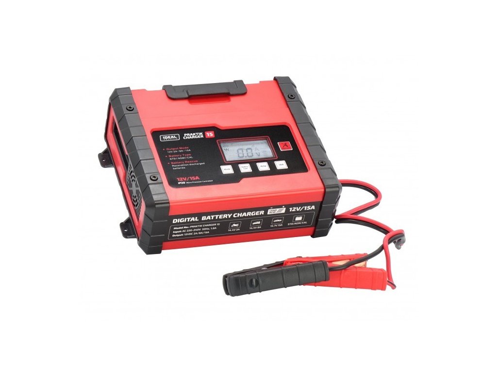 Battery Charger PRAKTIK CHARGER 15 LCD, charging voltage: 12 V IDEAL, charging current: 2/8/15A, supply voltage: 230V, battery type: AGM/EFB/GEL/MF/WET