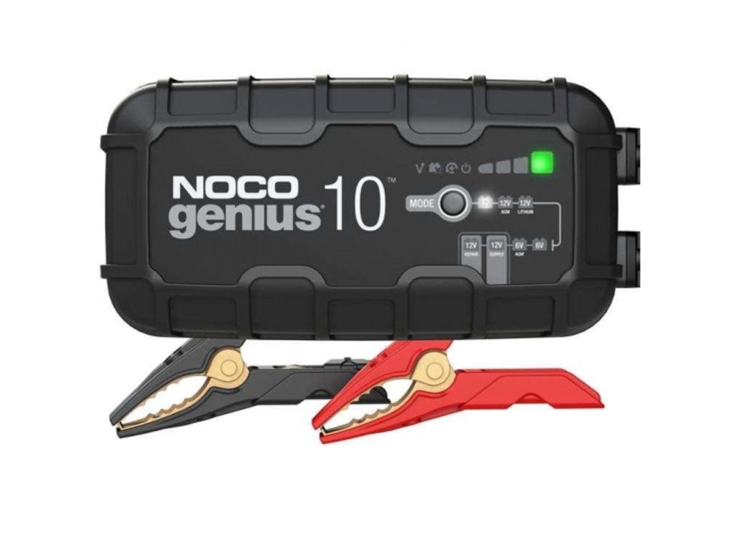 GENIUS10EU charger, charging voltage: 6/12 V NOCO, charging current: 10A, supply voltage: 120/240V, battery type: AGM/EFB/GEL/Li-Ion/MF/WET