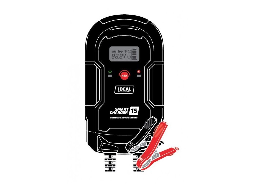 Battery Charger SMART CHARGE 15 LCD, charging voltage: 12/24V IDEAL, charging current: 8/15A, supply voltage: 230V, type of battery: AGM/GEL/MF/WEL