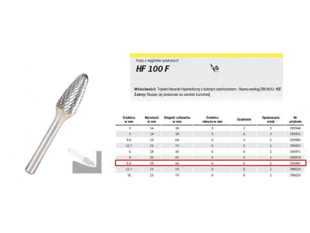 K.MILLING CUTTER WITH SINTERED CARBON.HF 100 F /9,6mm/987 HYPERBOLA FI=9,6x19mm,SHANK 6mm,TYPE RBF