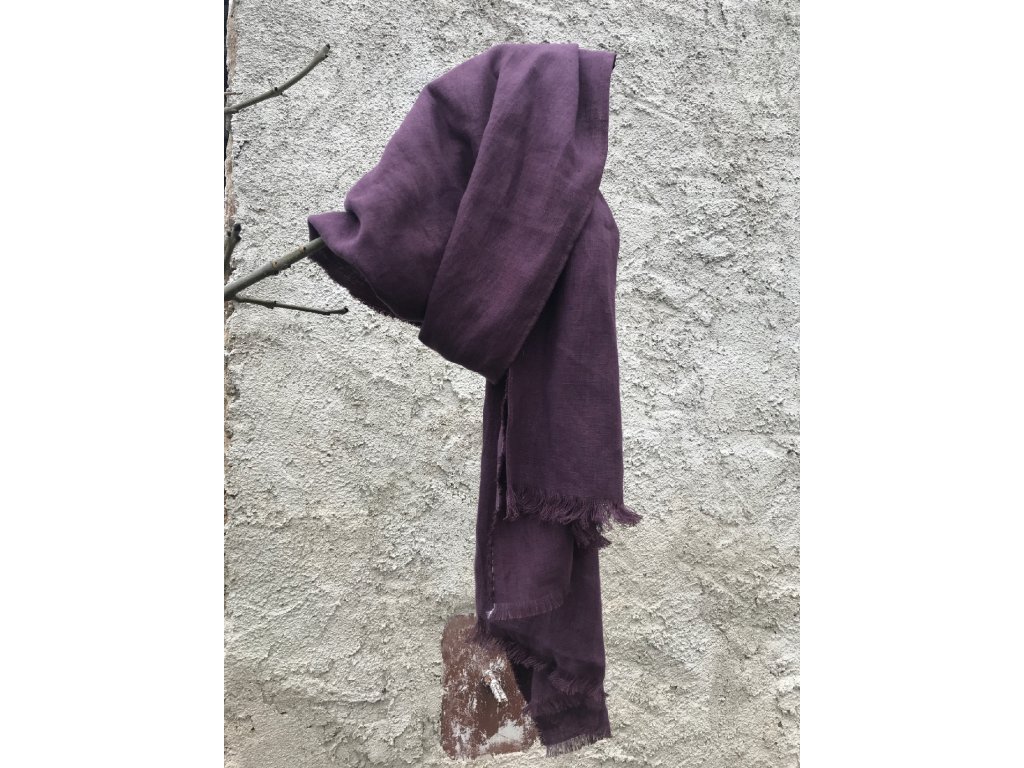 Šál ze 100% měkčeného lnu-vintage švestkově tmavý