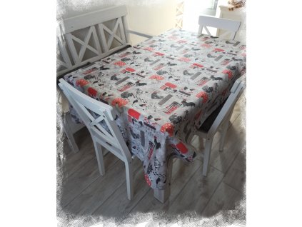 Ubrus "slepičky a kohouti na šedé"
