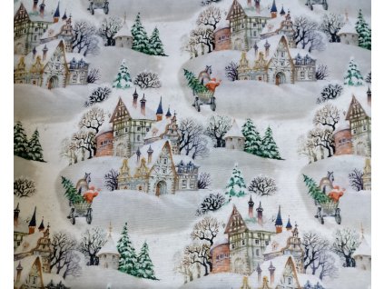 látka - metráž dovoz Francie / vánoční látka Vánoční vesnice