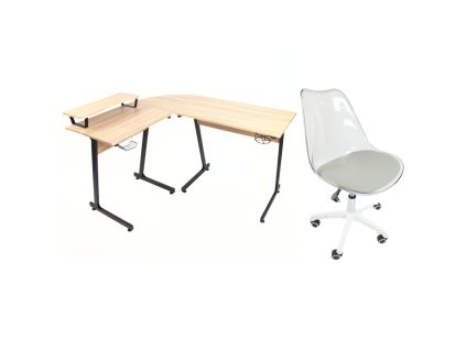 Set rohového stolu Hast - Dub/Černý + židle Roma (průhledná/šedá)