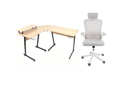 Set rohového stolu Hast - Dub/Černý + židle APA PRO šedá/bílá konstrukce