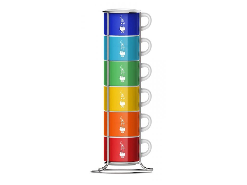 Súprava 6 ks farebných šálok na espresso v stojane Bialetti