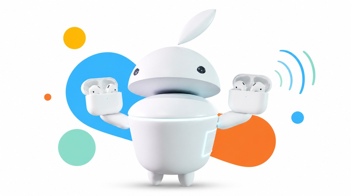Maskot iguru.sk drží dve nabíjacie puzdrá slúchadiel AirPods 4, jedno so zvukovými vlnami