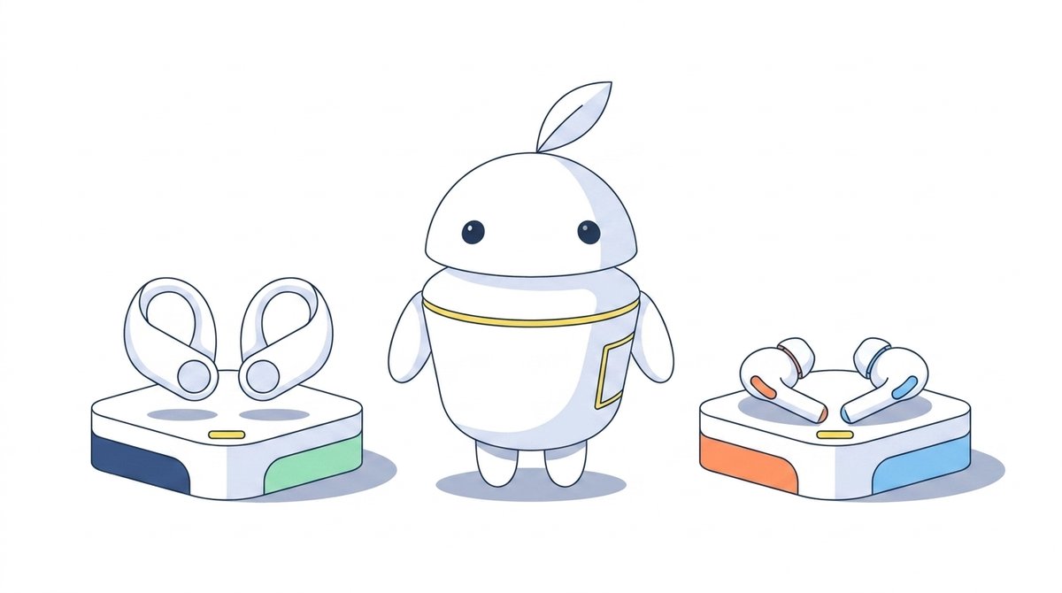 Maskot iguru.sk medzi dvoma pármi bezdrôtových slúchadiel — otvorené slúchadlá bez nástavca a slúchadlá so silikónovým nástavcom