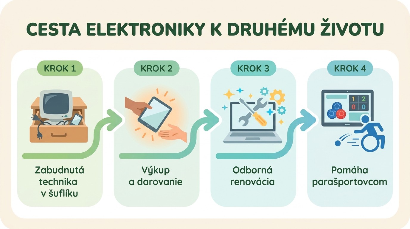 Infografika: cesta elektroniky k druhému životu — zo šuflíka cez výkup a renováciu k parašportovcom