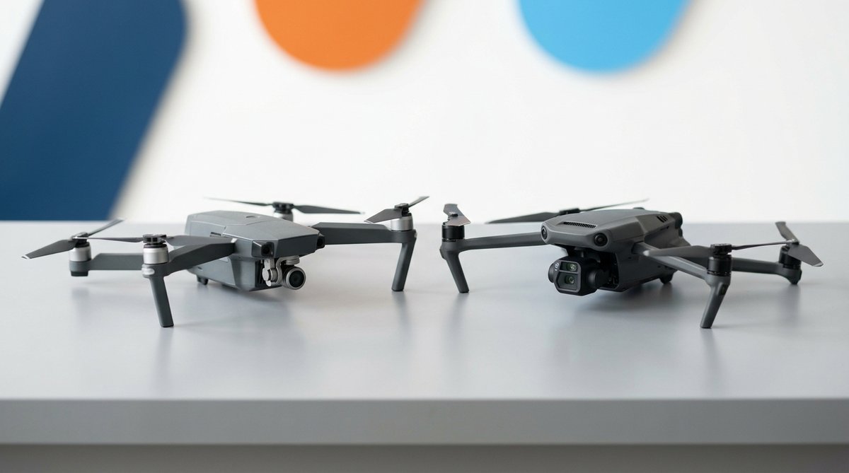 Repasovaný DJI Mini 3 a DJI Mini 4 Pro vedľa seba na stole – porovnanie dvoch dronov pod 250 gramov