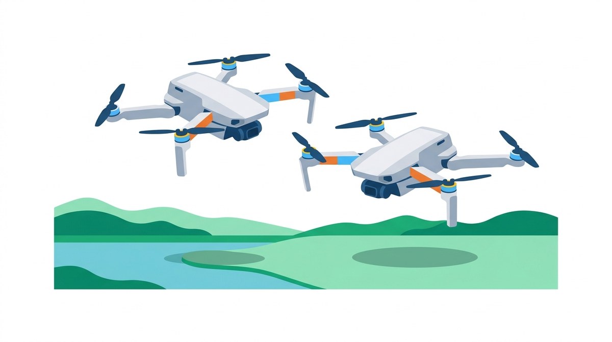 Ilustrácia dvoch malých skladacích dronov DJI Mini nad letnou krajinou s jazerom