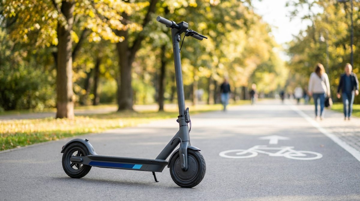 Elektrická kolobežka s desaťpalcovými kolesami stojí na cyklistickej cestičke v mestskom parku