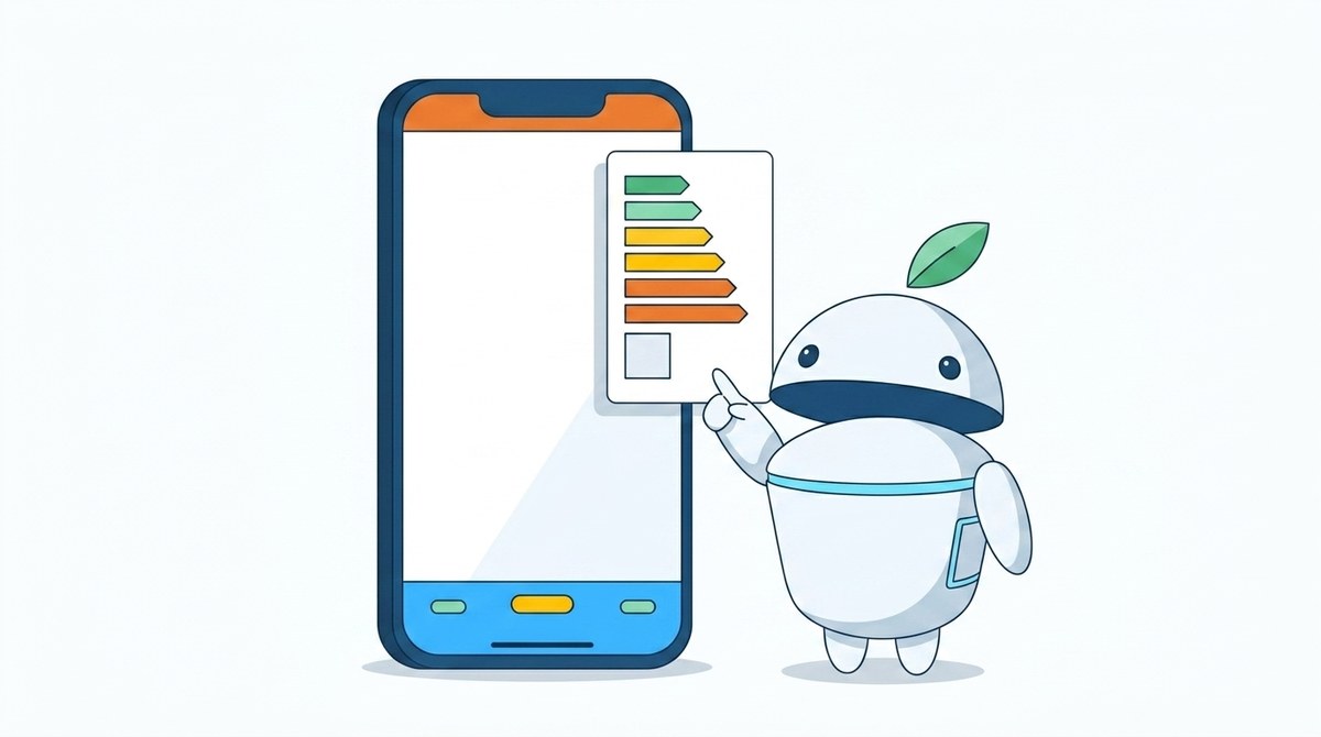 Maskot iguru.sk ukazuje na energetický štítok pri smartfóne — ilustrácia k tomu, čo znamená energetický štítok na mobile